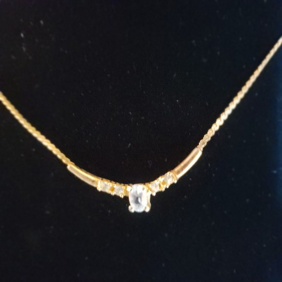 NECKLACE Gold Tone With 4 Small Clear & 1 Center Sky Blue Rhinestones 19” - Picture 9 of 16
